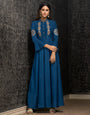Teal Blue Maslin Silk Heavy Embroidery Gown