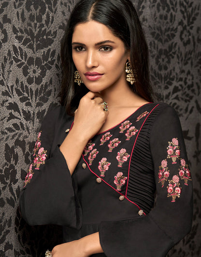 Black Maslin Silk Heavy Embroidery Gown