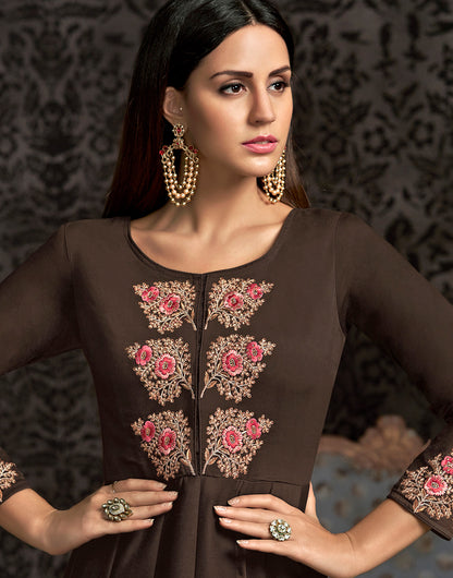 Coffee Brown Maslin Silk Heavy Embroidery Gown