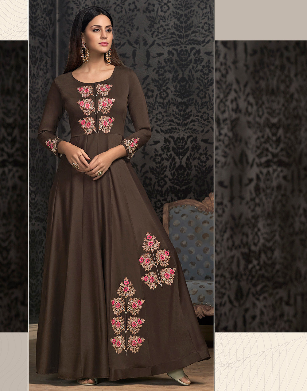 Coffee Brown Maslin Silk Heavy Embroidery Gown