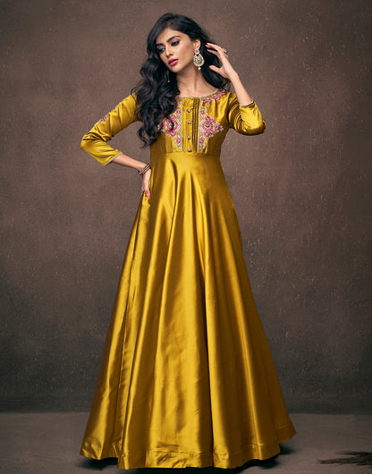 Mustard Yellow Triva Satin Silk With Embroidered Work Gown