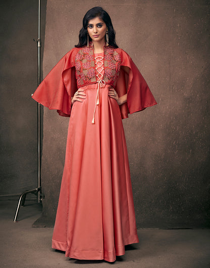 Rose Red Triva Satin Silk With Embroidered Work Gown