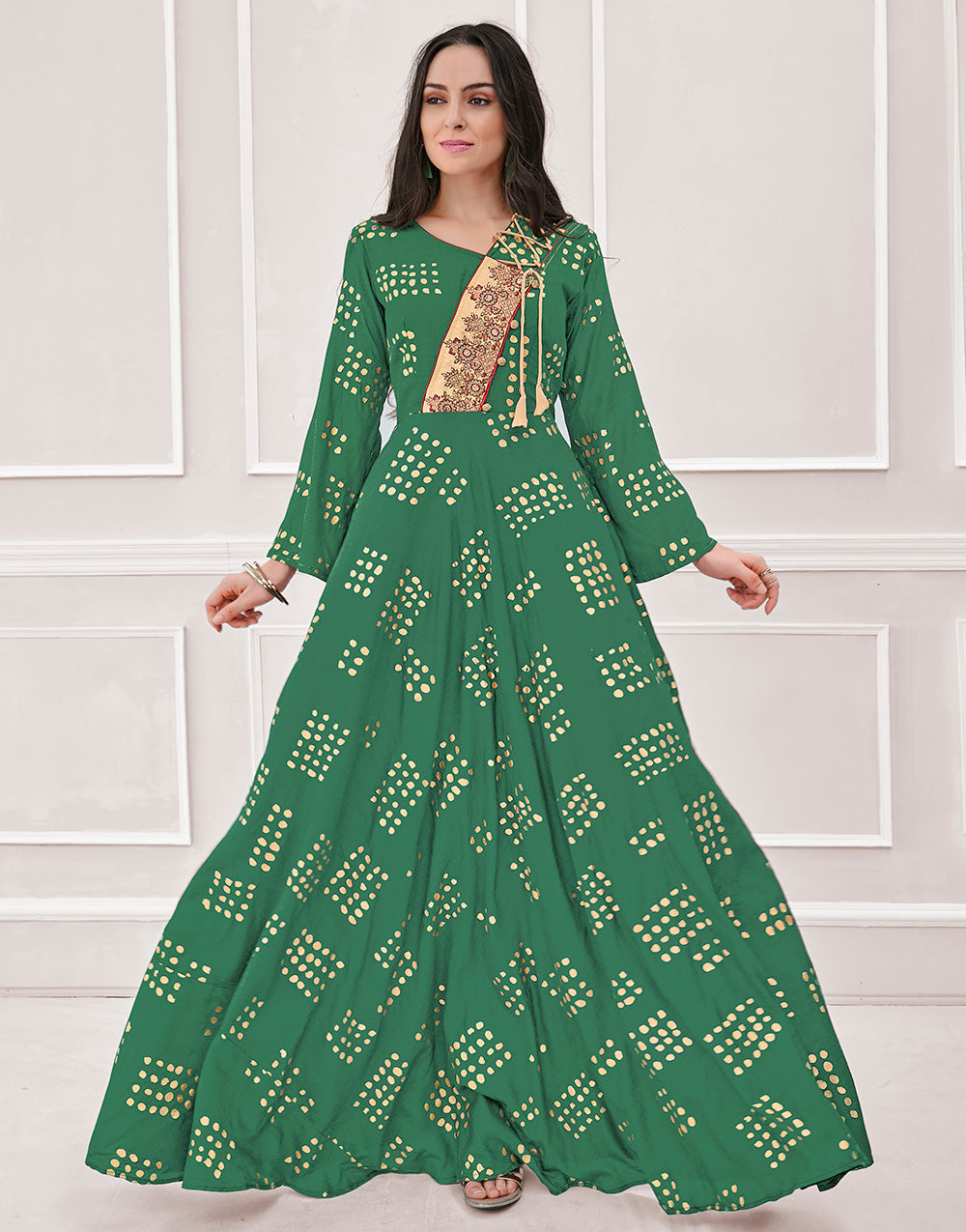 Green Masline Foil Print With Embroidered Work Gown