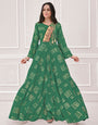 Green Masline Foil Print Rayon Gown With Embroidered Work