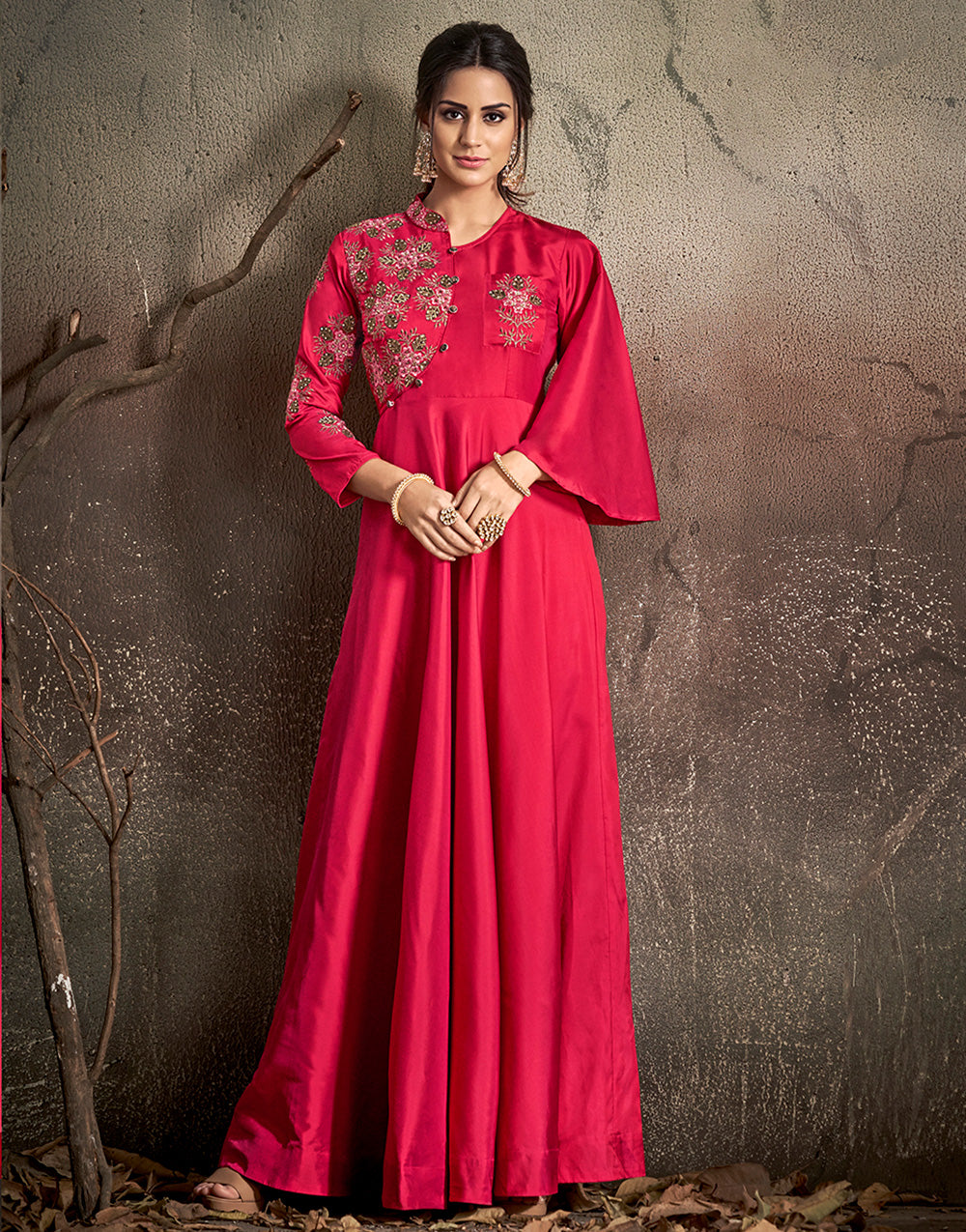 Red Soft Tapeta Silk With Embroidered Work Gown