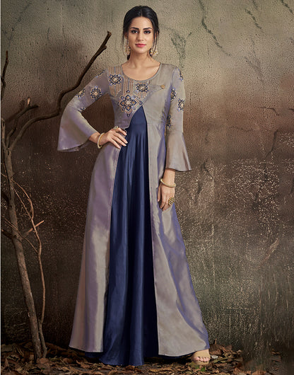 Gray & Blue Soft Taffeta Silk With Embroidery Gown