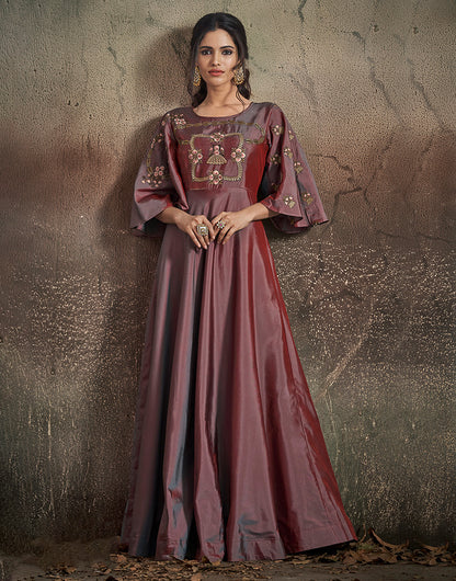 Rosewood Pink Soft Taffeta Silk With Embroidery Gown