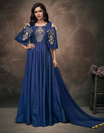 Navy Blue Soft Tapeta Silk With Embroidery Work Gown