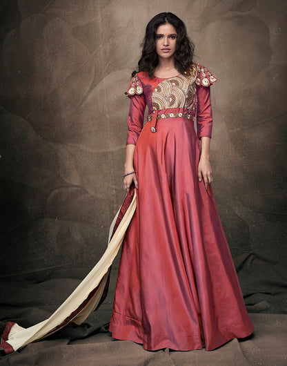 Light Maroon Soft Taffeta Silk With Embroidered Work Gown