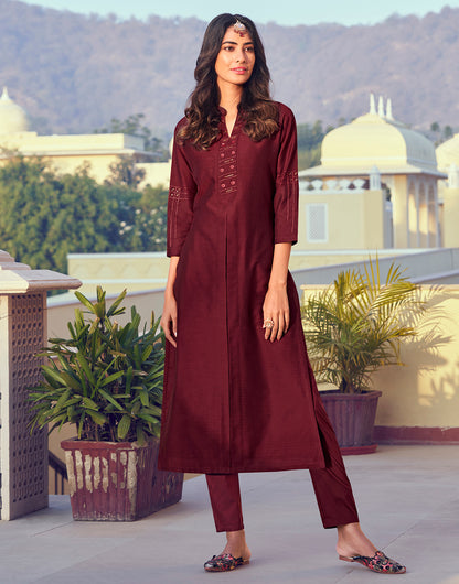 Dark Maroon Roman Silk With Embroidery Work Party Kurti