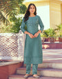 Sea Blue Roman Silk With Embroidery Work Party Kurti