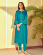 Rama Blue Roman Silk With Embroidery Work Party Kurti