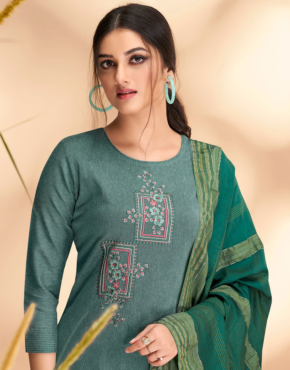 Viridian Green Cotton With Embroidery Salwar Suit