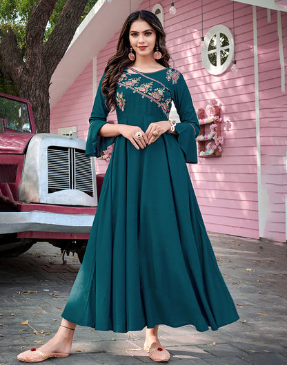 Teal Green Rayon Cotton With Heavy Embroidery Work Long Kurti