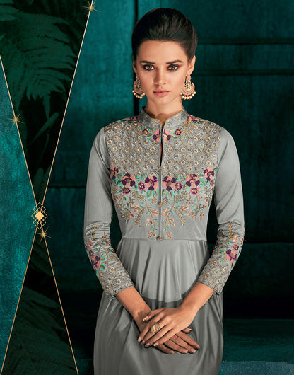 Grey Silk Heavy Embroidered Gown