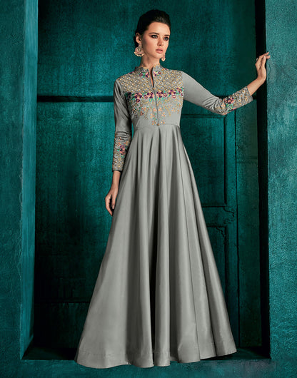 Grey Silk Heavy Embroidered Gown