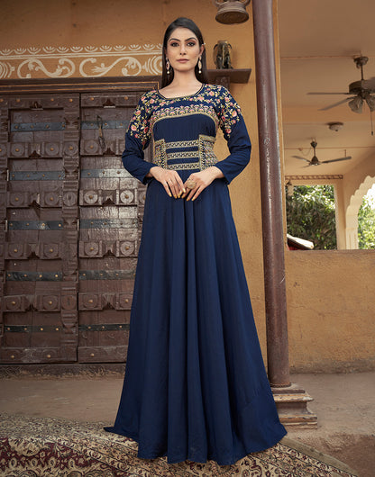 Navy Blue Muslin With Heavy Embroidery Work Gown