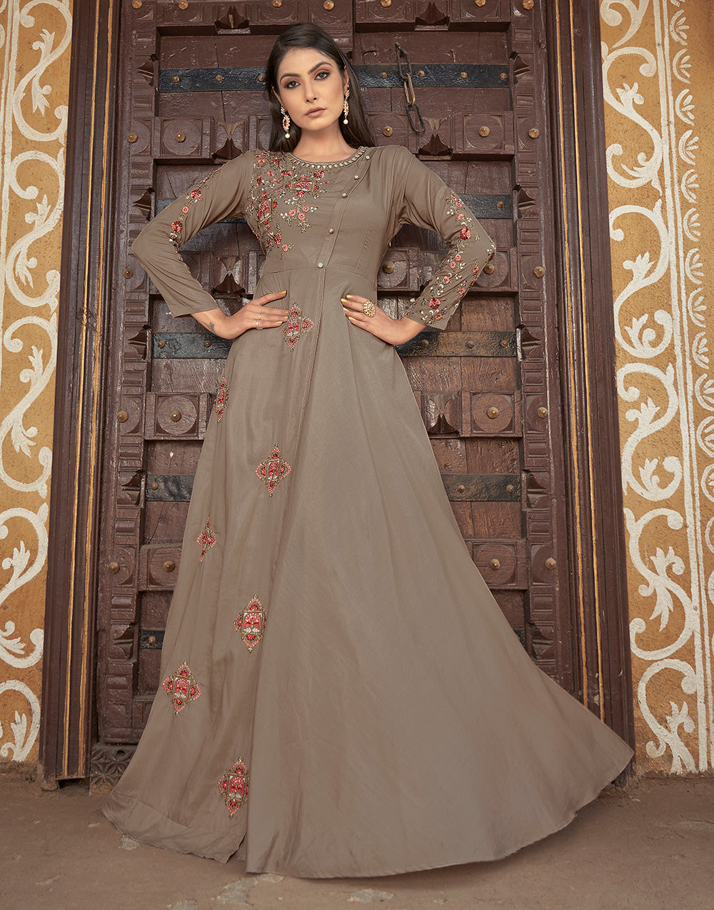 Taupe Beige Muslin Silk With Heavy Embroidery Gown