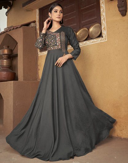 Dark Grey Muslin With Heavy Embroidery Work Gown