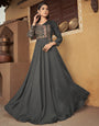 Dark Grey Muslin With Heavy Embroidery Work Gown