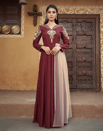 Brown Muslin Silk With Heavy Embroidery Work Gown