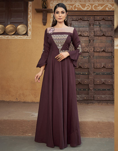 Brown Muslin With Heavy Embroidery Work Gown