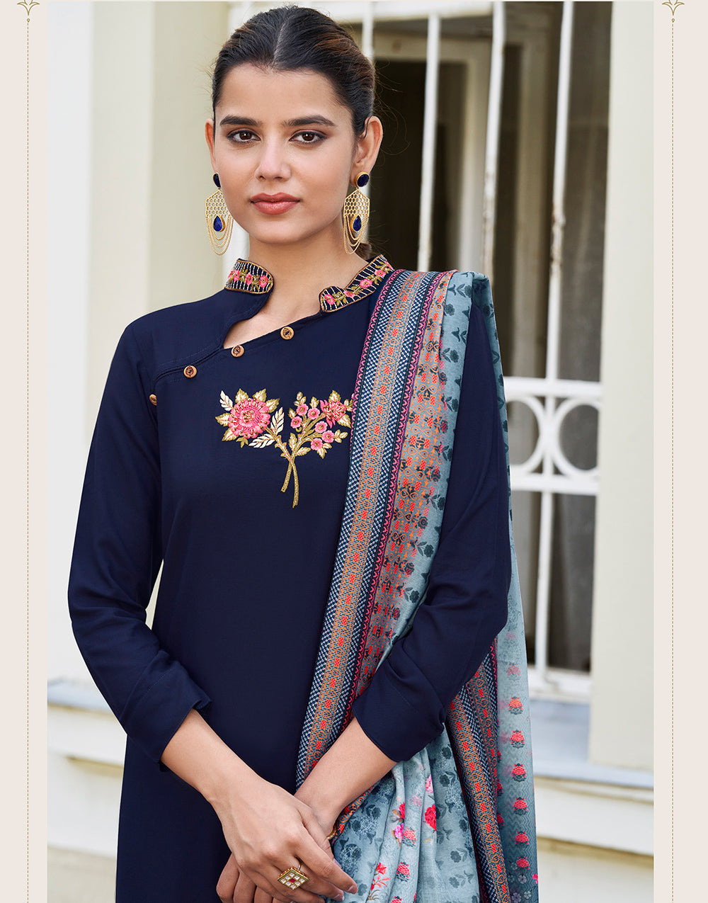 Navy Blue Rayon With Embroidery Work Salwar Suit