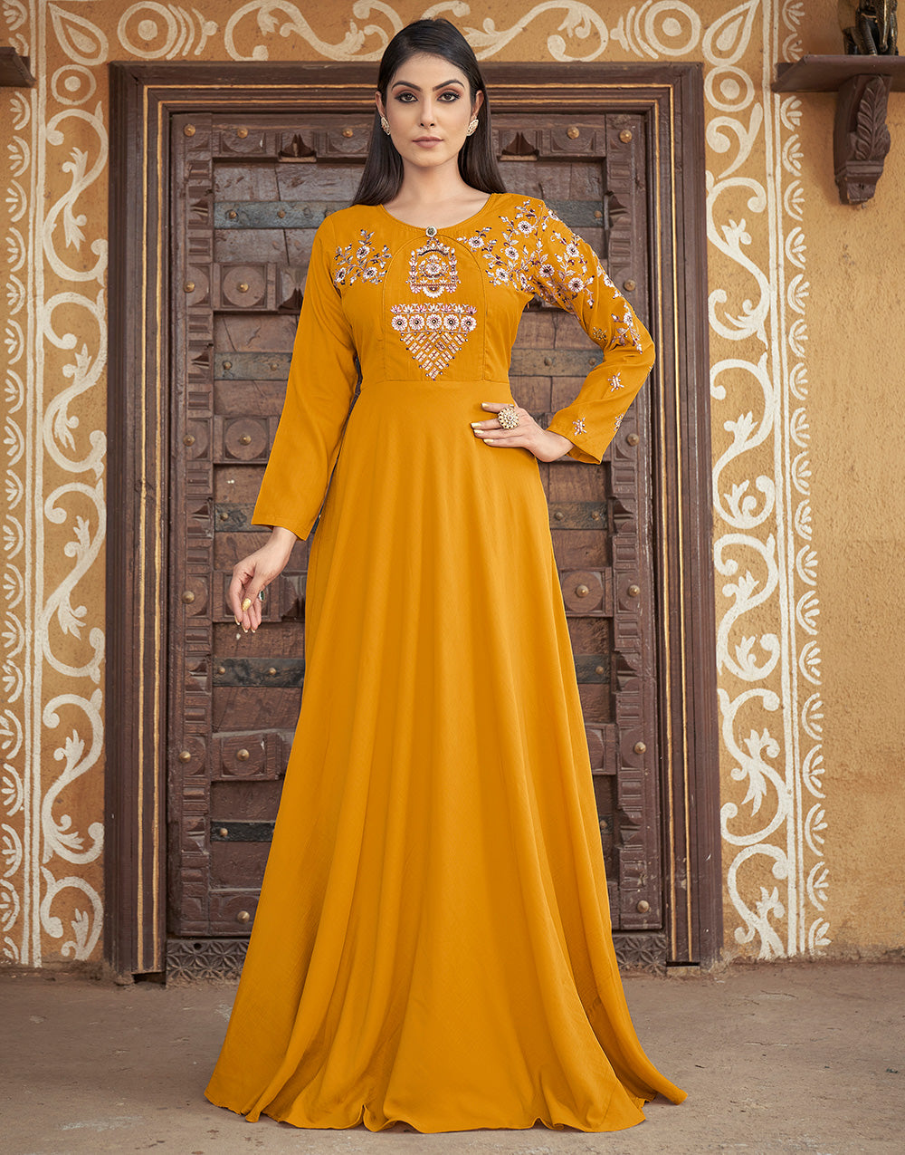 Mustard Yellow Muslin Embroidery Work Gown