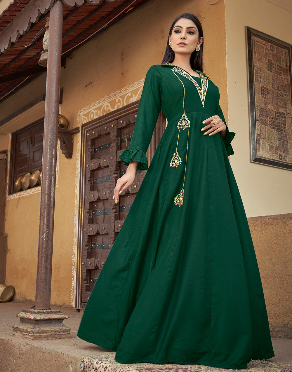 Green Muslin Silk Embroidery Work Gown