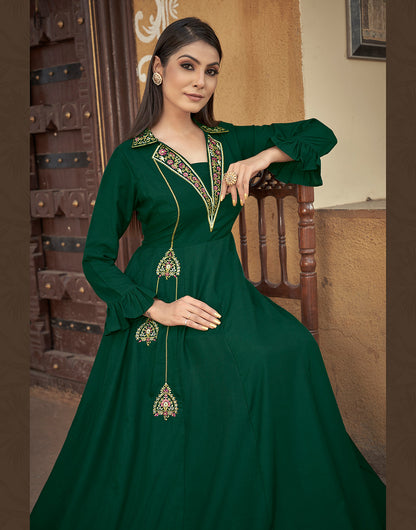 Green Muslin Silk Embroidery Work Gown