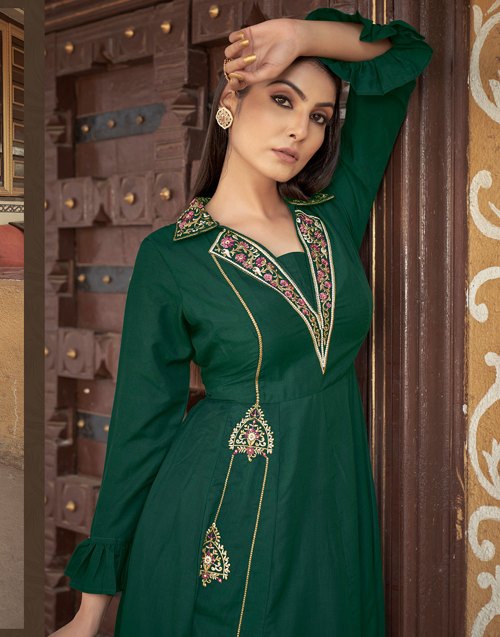 Green Muslin Silk Embroidery Work Gown