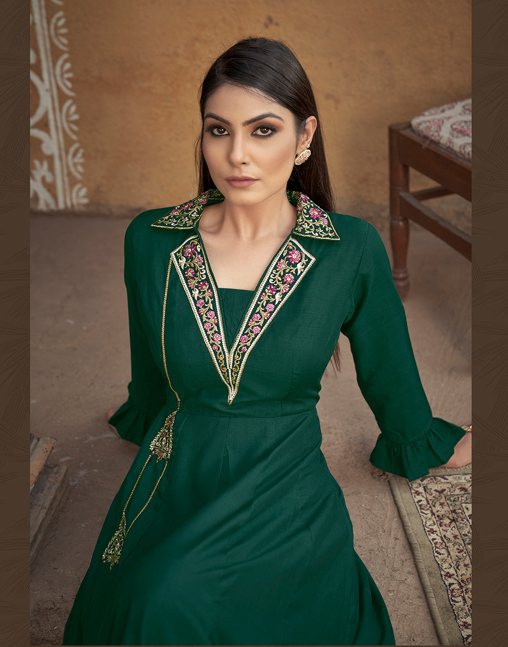 Green Muslin Silk Embroidery Work Gown