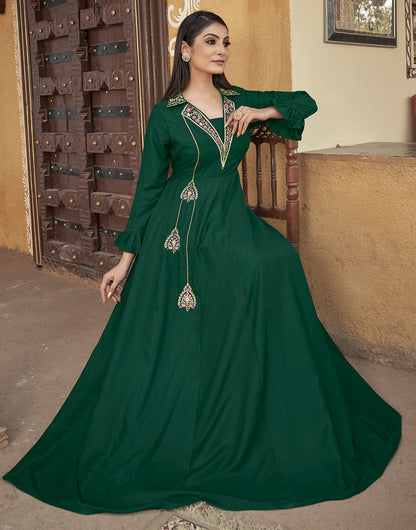 Green Muslin Silk Embroidery Work Gown