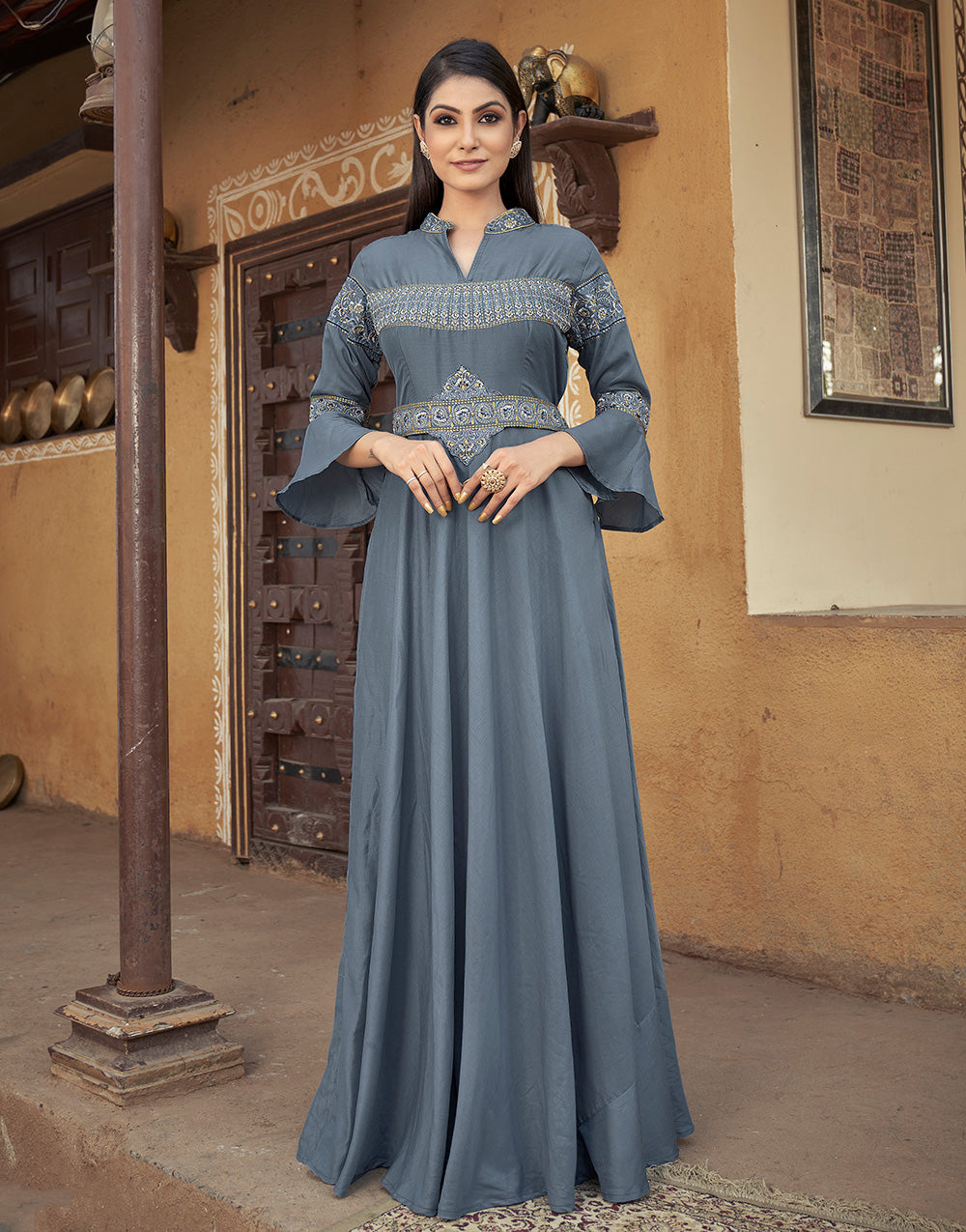 Grey Muslin Silk Embroidery Gown