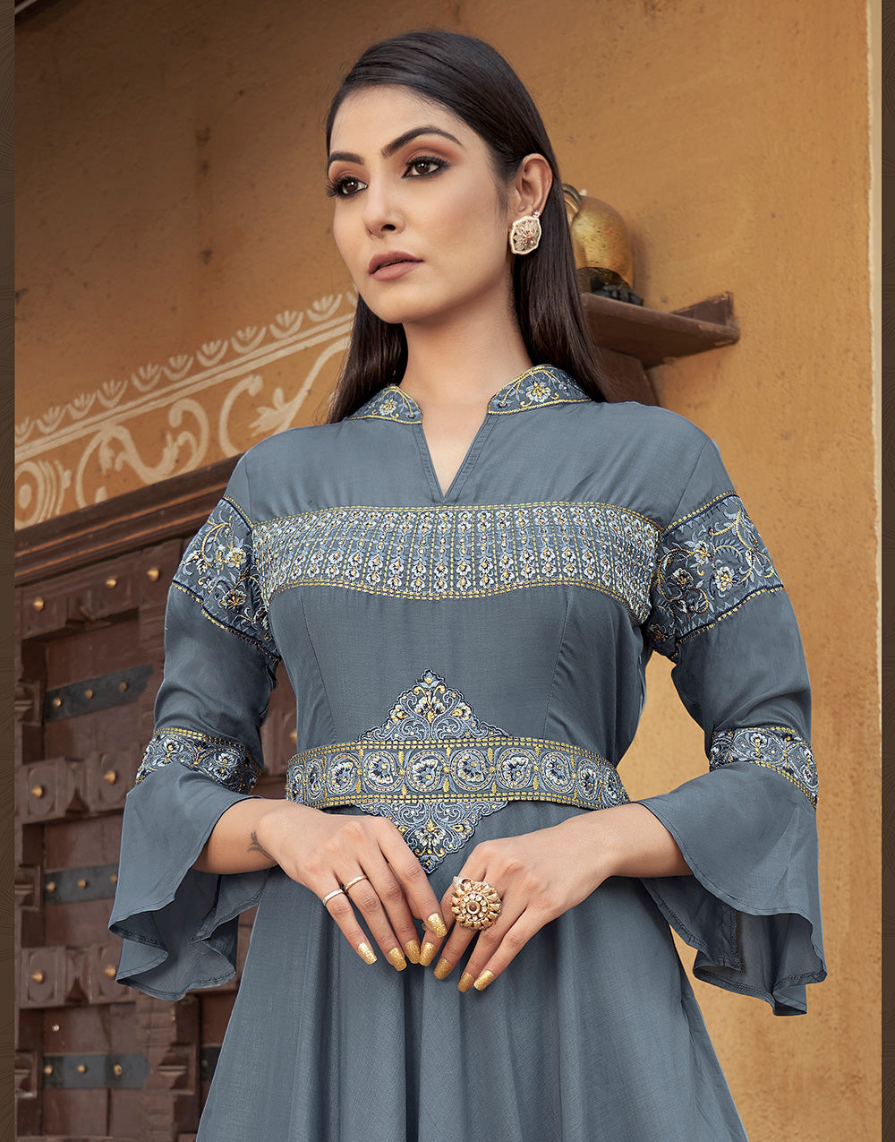 Grey Muslin Silk Embroidery Gown