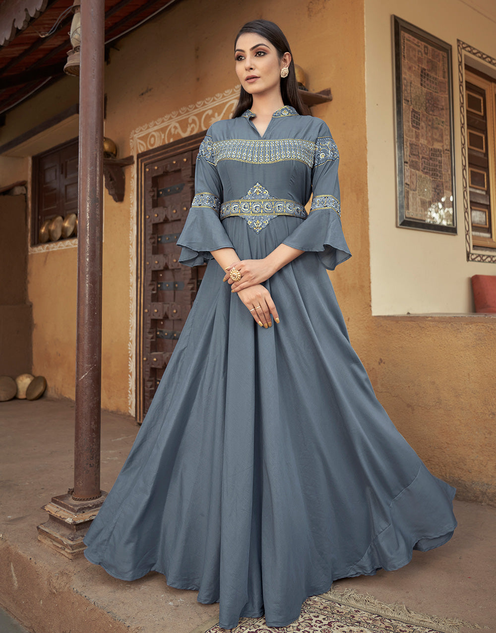 Grey Muslin Silk Embroidery Gown