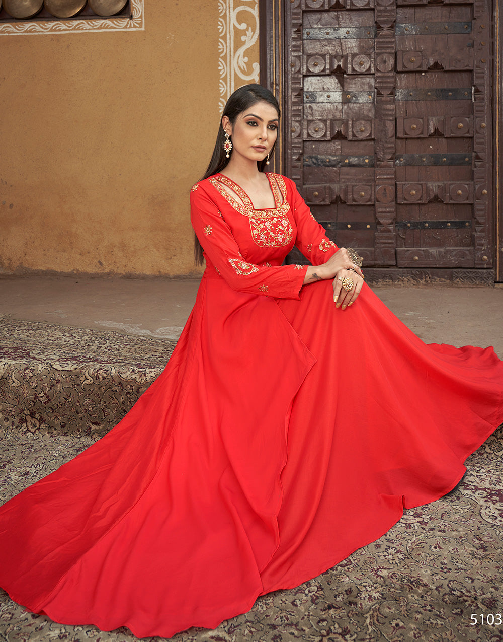 Red Muslin Silk Embroidery Gown