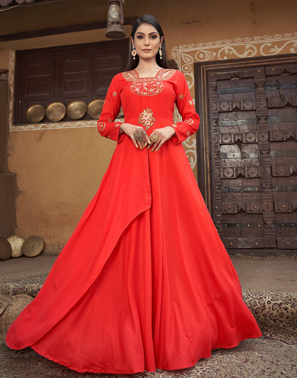 Red Muslin Silk Embroidery Gown