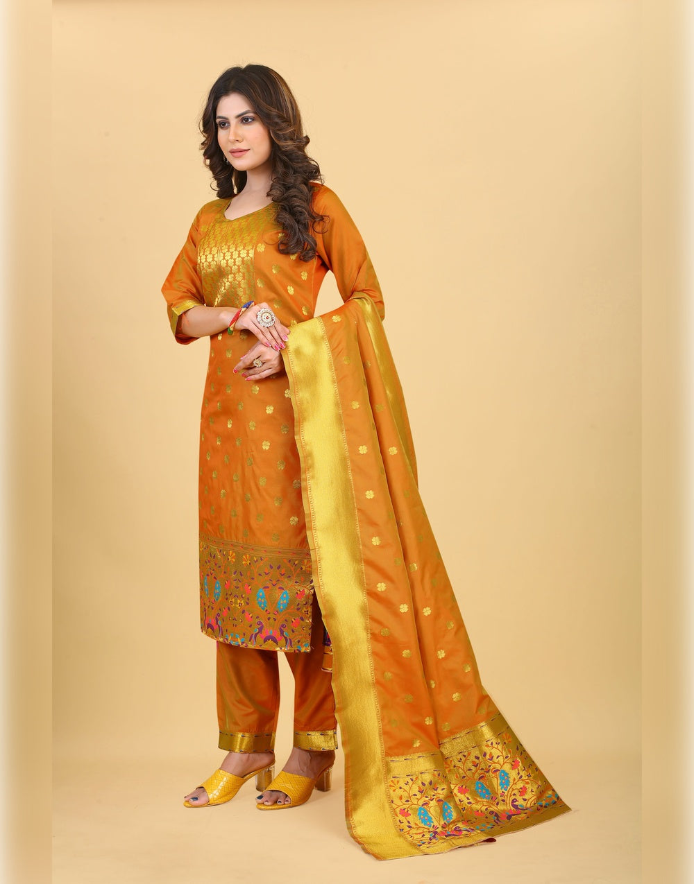 Orange Paithani Soft Silk Salwar Suit