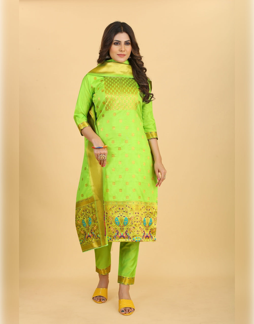 Parrot Green Paithani Soft Silk Salwar Suit