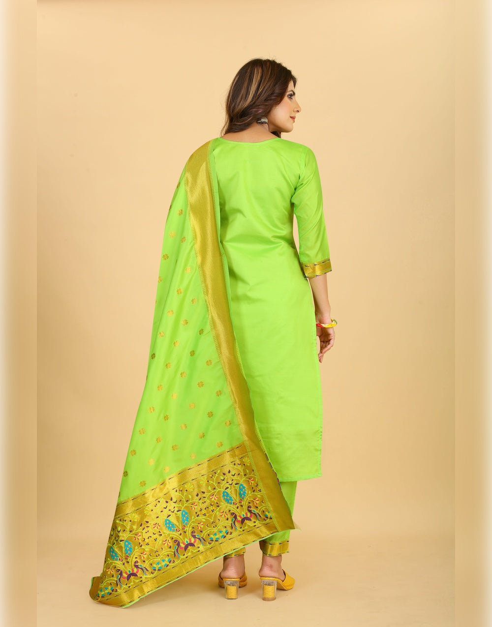 Parrot Green Paithani Soft Silk Salwar Suit
