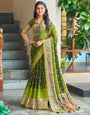 Mehndi Green Linen Saree With Printed Work