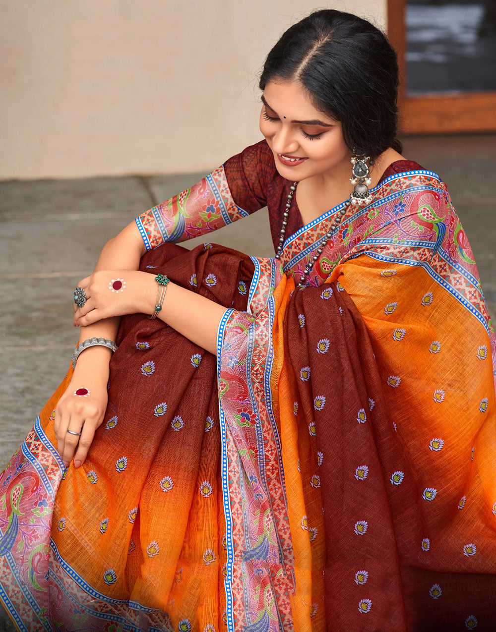 Orange & Maroon Linen Saree With Printed Work