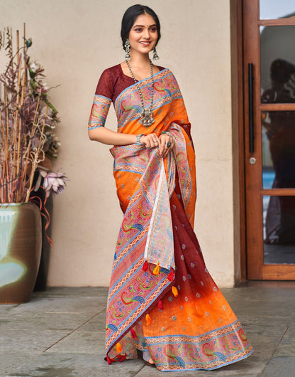 Orange & Maroon Linen Saree With Printed Work