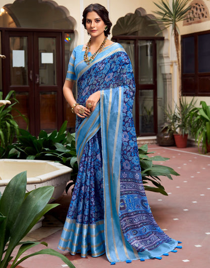 Blue Soft Cotton Saree With Flover Printed Work