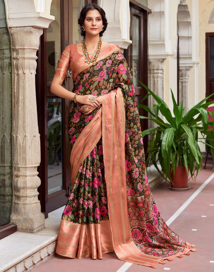 Peach Soft Cotton Saree With Flover Printed Work