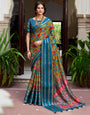 Prussian Blue Soft Cotton Saree With Flover Printed Work