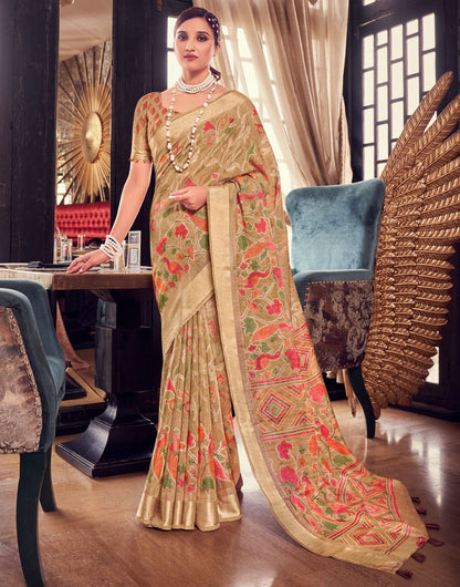 Dark Beige Karagiri Brasso Saree With Printed Work