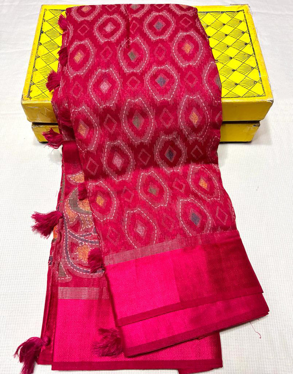 Rani Pink Karagiri Brasso Saree With Printed Work