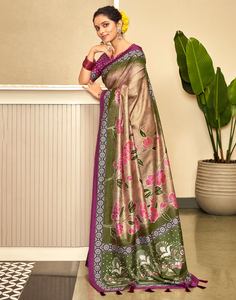 Moss Green & Mulberry Purple Dola Silk Saree With Floral Printed Work